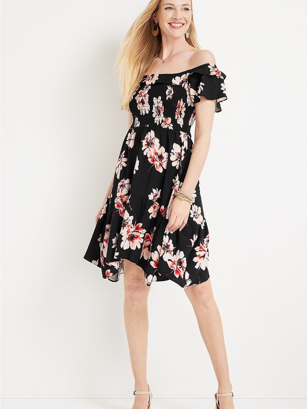Maurices Black Midi Dress with Pink & Red Floral Print